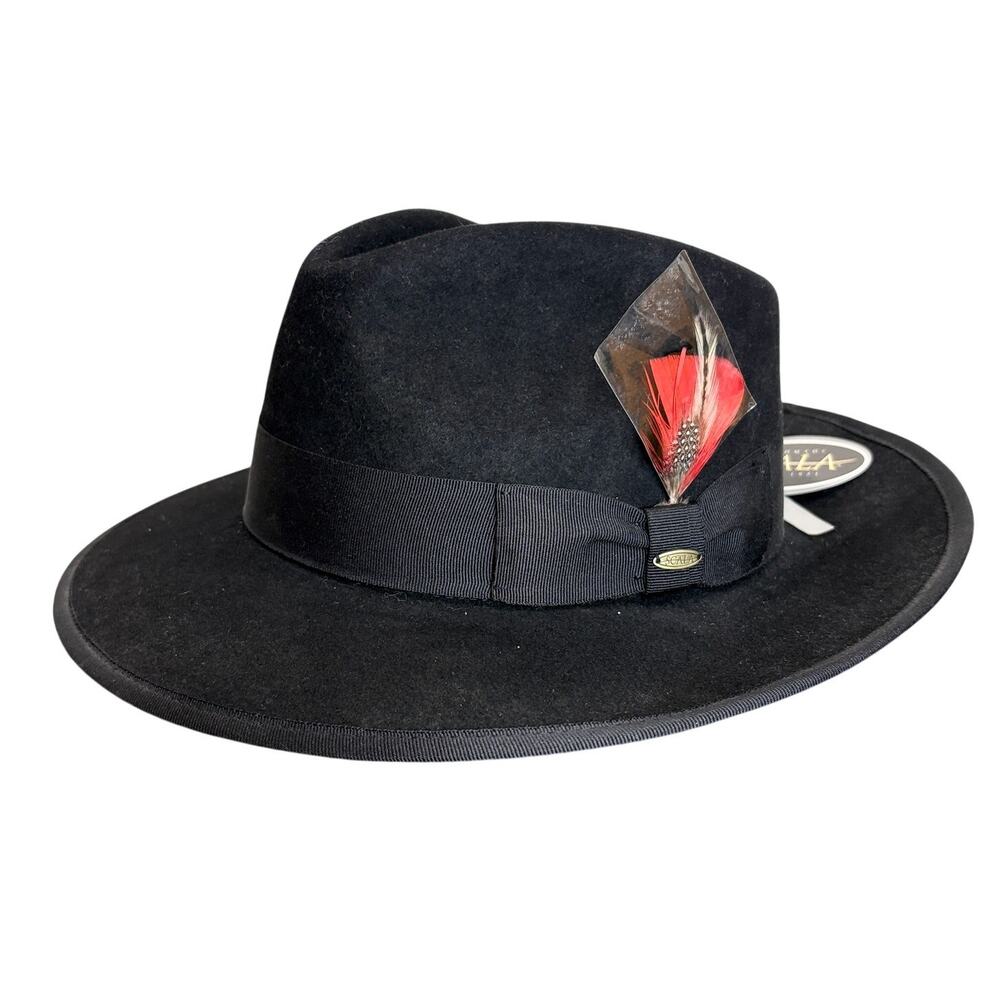 Scala Mens XXL Fedora 100% Wool Felt Hat with Feather Hatband Black Handmade